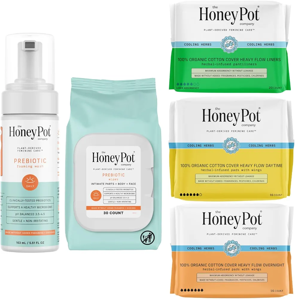 The Honey Pot Company - Prebiotic Feminine Wash, Wipes, & Heavy Flow Bundle - Herbal Infused Feminine Hygiene Products - Sanitary Pads for Women - Feminine Care - FSA & HSA Eligible