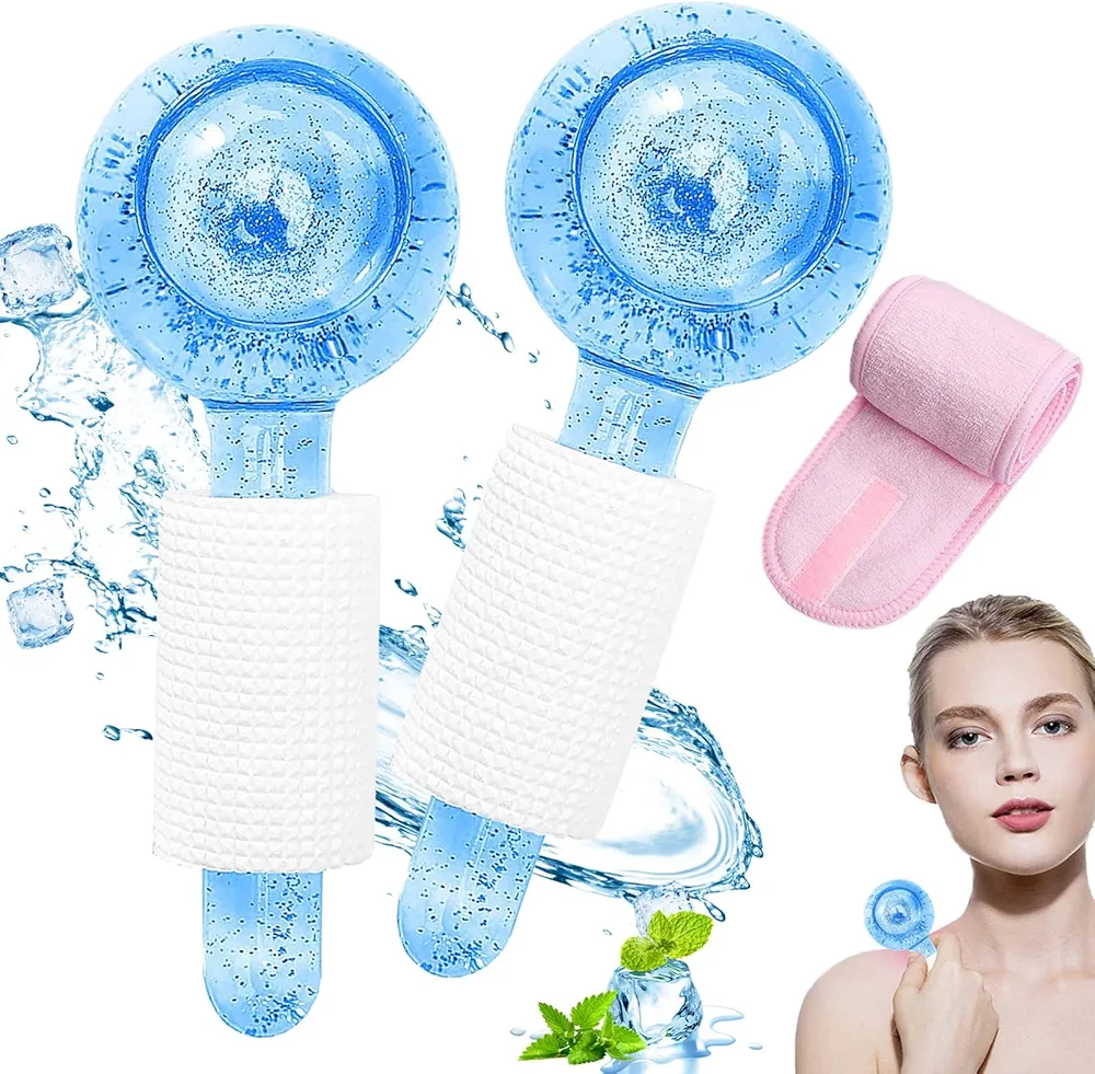 Ice Globes for Face,2Pcs Facial Ice Globes Face Massage Ice Roller Ball for Face and Eyes with 1 Adjustable SPA Facial Headband (Blue2)