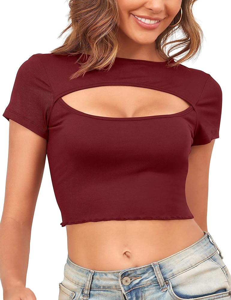 T Shirts for Women Low Cut Tops for Women Sexy Casual Cute Summer Red Ribbed Cropped Cut Out Tops(Red X-Small)