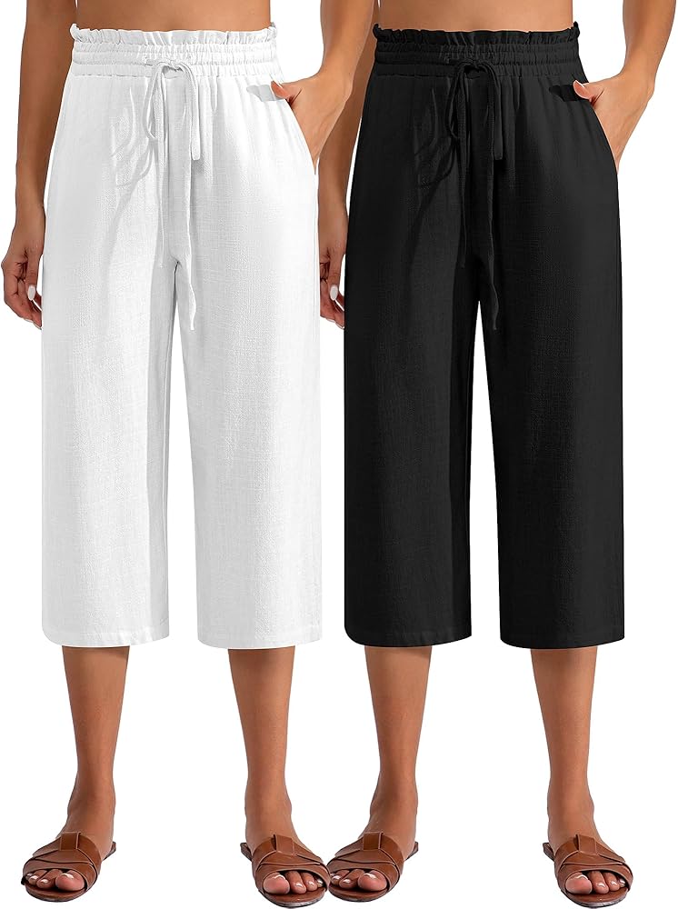 Neer 2 Pcs Women's Linen Wide Leg Capri Pants Beach High Waisted Drawstring Casual Loose Capris Pants with Pockets