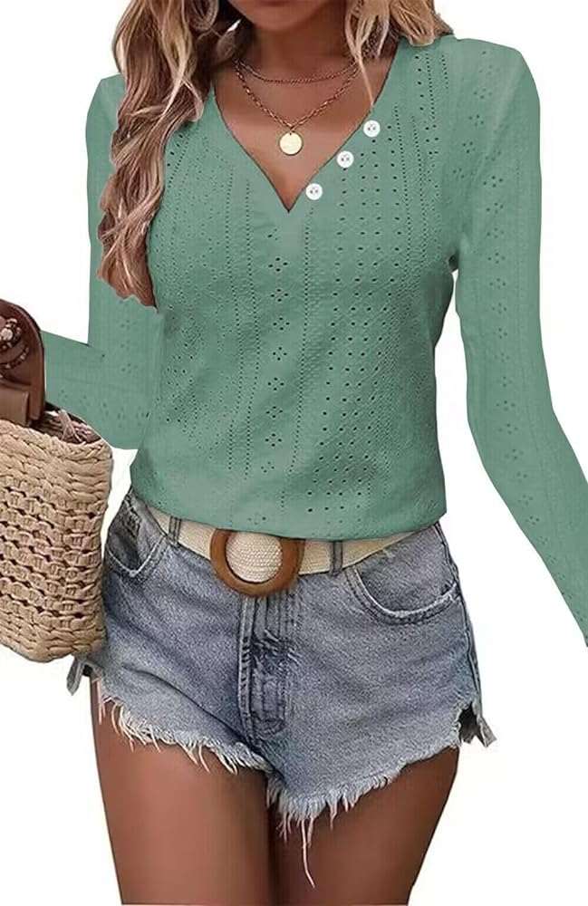 Button Embroidered Eyelet Top Shirt for Women Fashion V-neck Shirts Tee Hollow Out Long Sleeve Fall Tops Blouses Tunic.