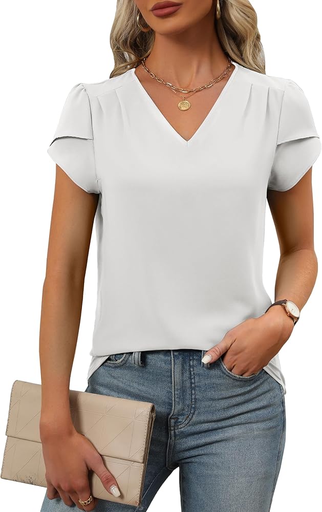 BMJL Womens Dressy Casual Blouses Business Casual Work Tops V Neck Cap Sleeve Summer Tshirt