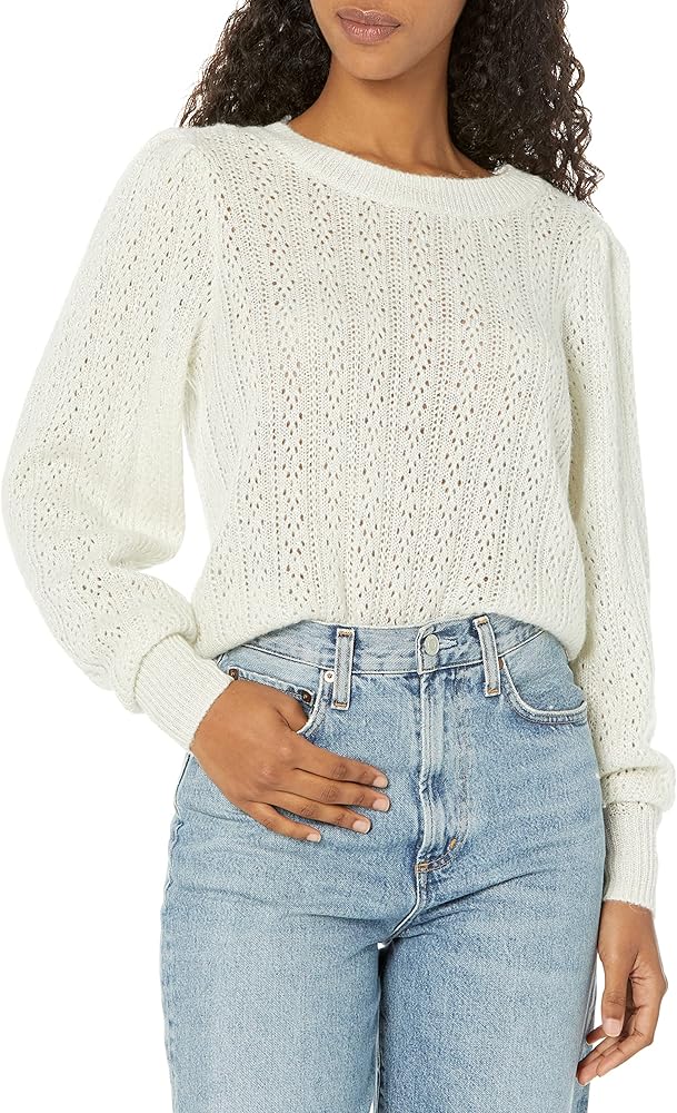 PAIGE Women's Athena Sweater Crew Neck Slightly Cropped Puff Sleeve in Ivory/Silver Metalic