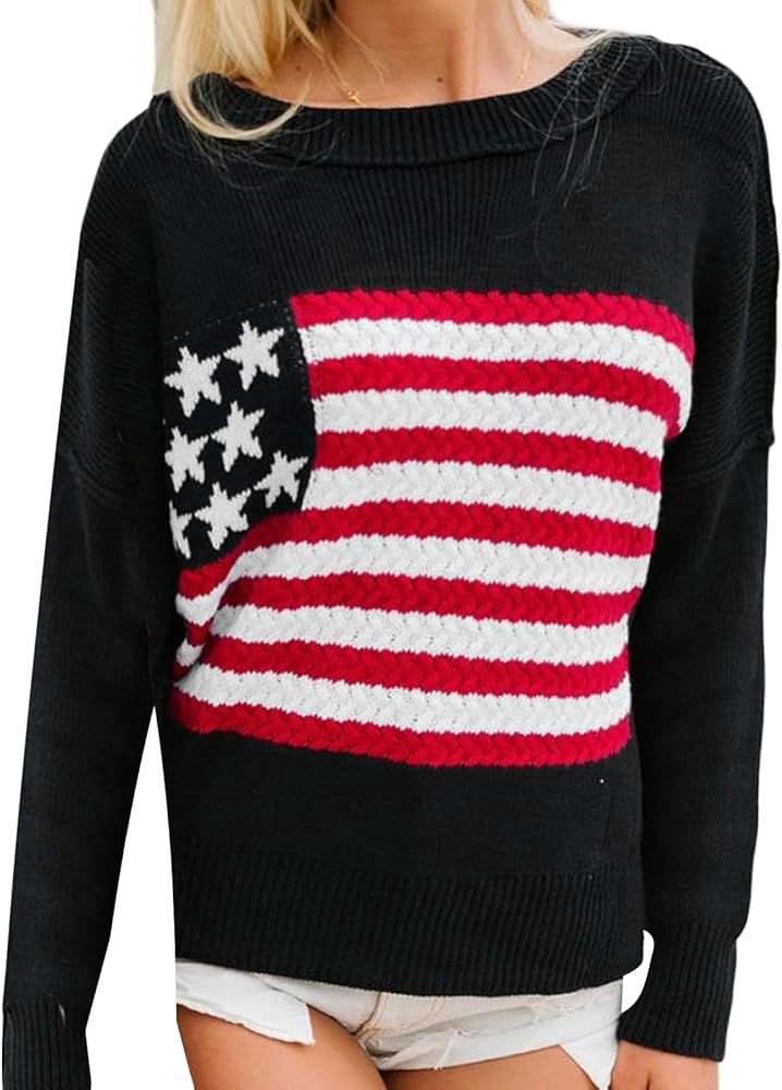 American Flag Sweater for Women Long Sleeve Hollow Out Knit Pullover Casual Loose 4th of July Jumper Tops