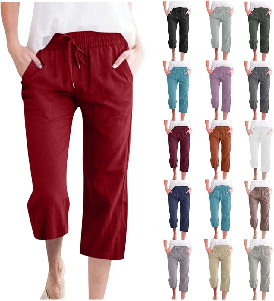 APIVOE Linen Capri Pants for Women Casual Summer Drawstring Capris Cotton Wide Leg Elastic Waist Cropped Pants with Pockets