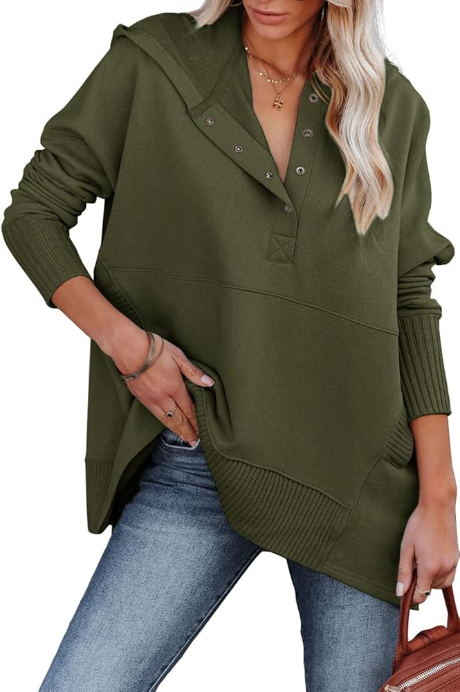 Yanekop Womens Casual Henley Hoodies Oversized Fall Sweatshirt Hooded V Neck Button Pullover with Pockets