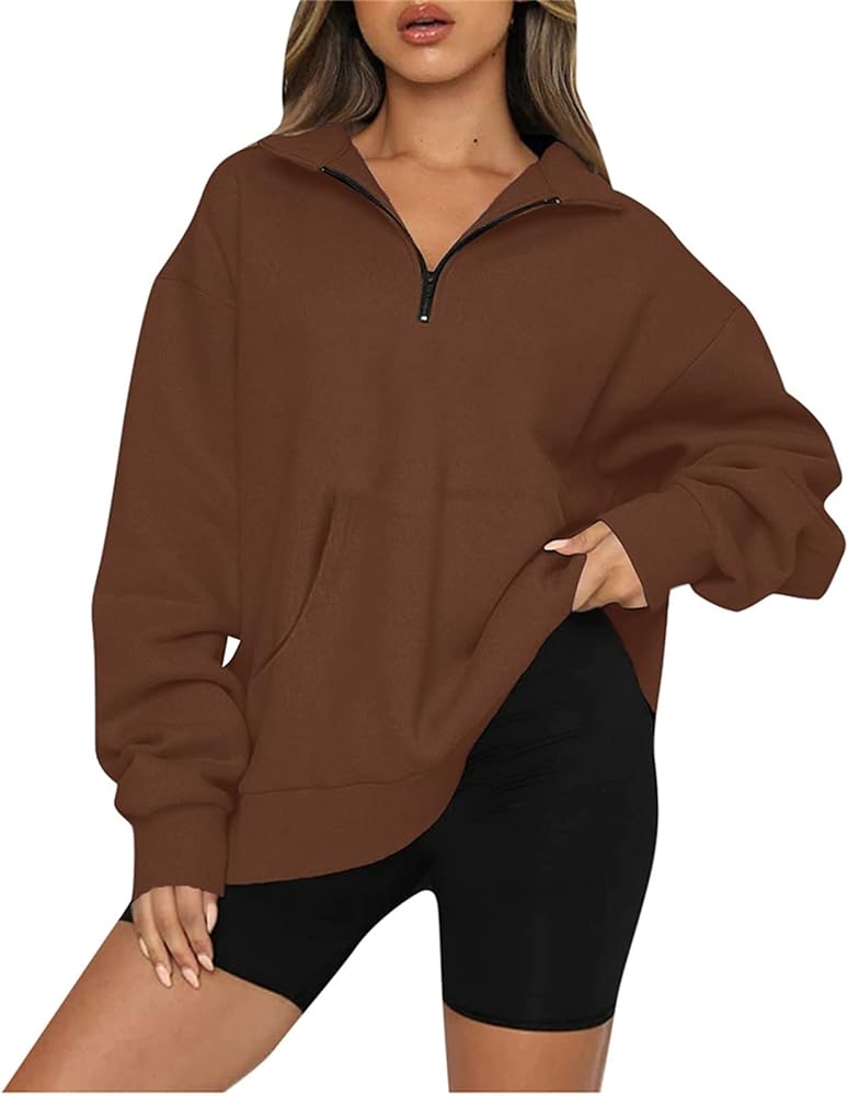 Women's Oversized Sweaters Long Sleeve Casual 1/4 Zip Up Pullover Tops Quarter Zipper Y2k Hoodie for Teen Girls 2023 Fall Fashion Aesthetic Clothes Plus Size Crewneck Sweatshirts(B Coffee,Medium)