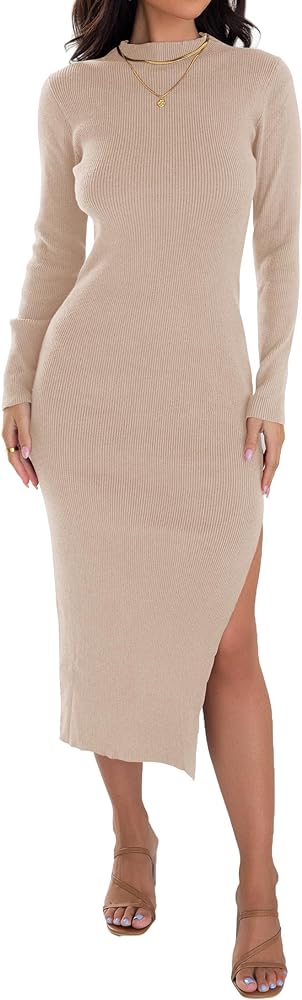 ZESICA Women's 2024 Ribbed Knit Dress Long Sleeve Mock Neck Slim Fit Side Slit Fall Elegant Sweater Dresses