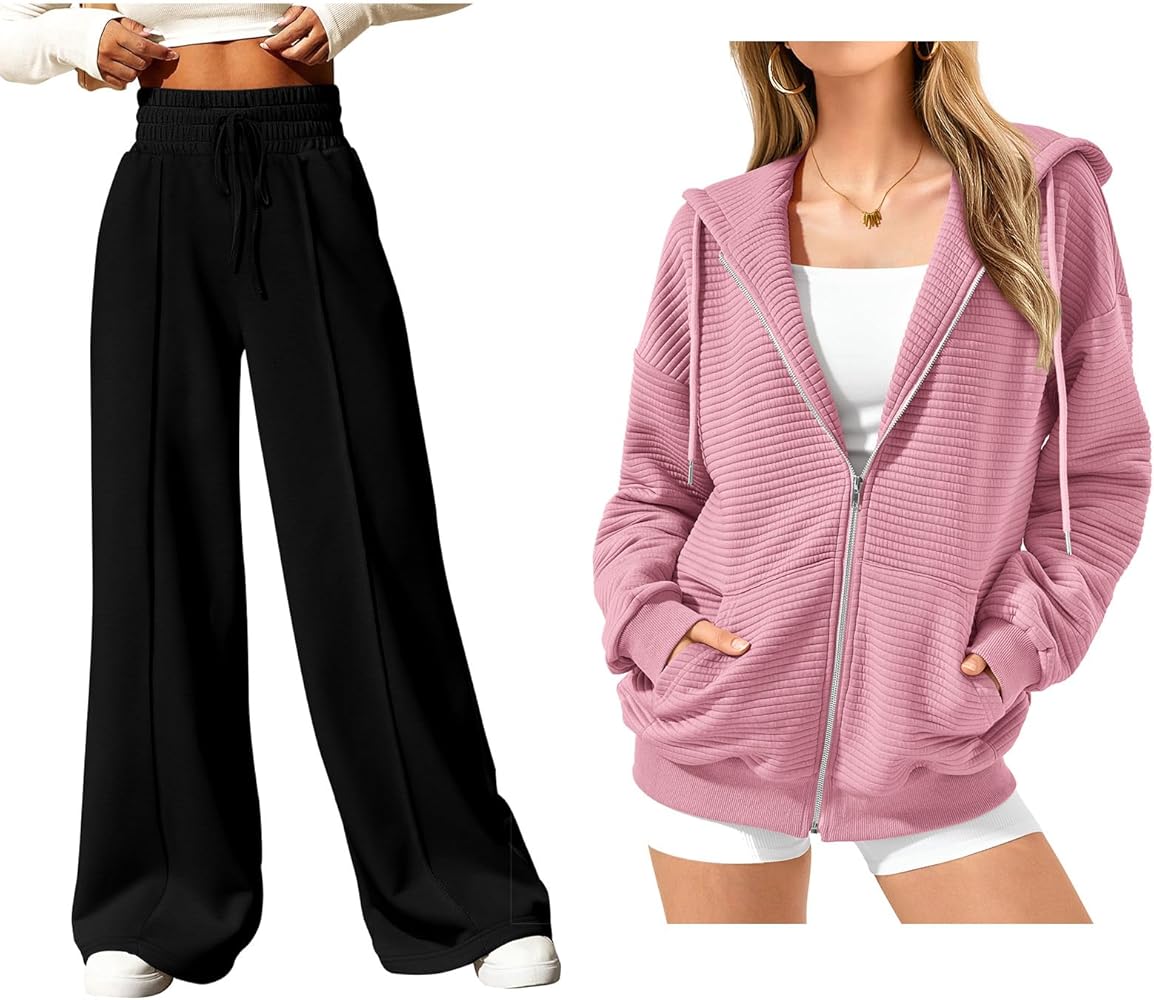 BTFBM Zip Up Hoodie Women Long Sleeve Sweatshirts Wide Leg Sweatpants Casual Loose Solid Color Pants with Pockets Large