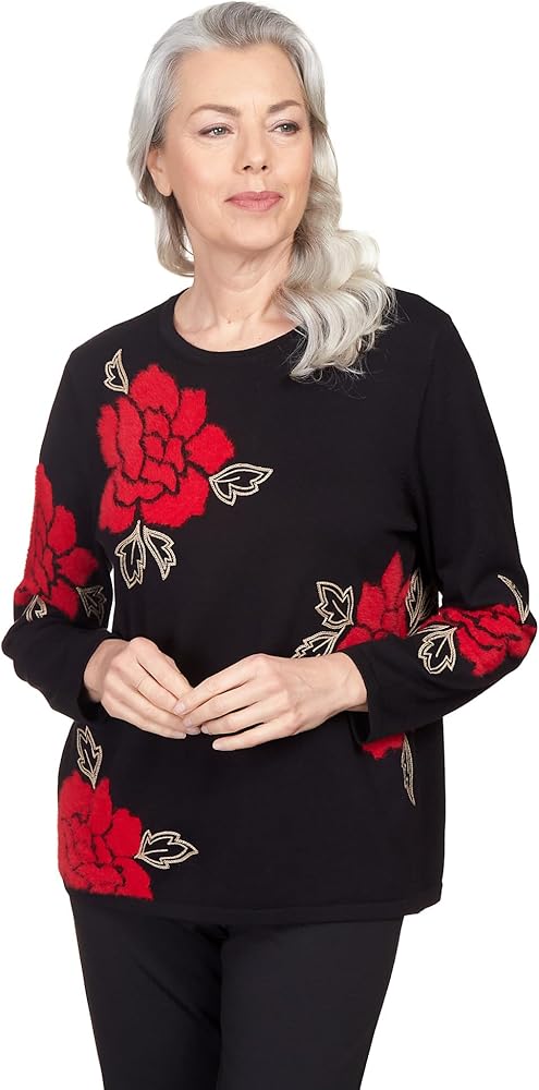 Alfred Dunner Women's Floral Jacquard Long Sleeve Sweater Size XL Black