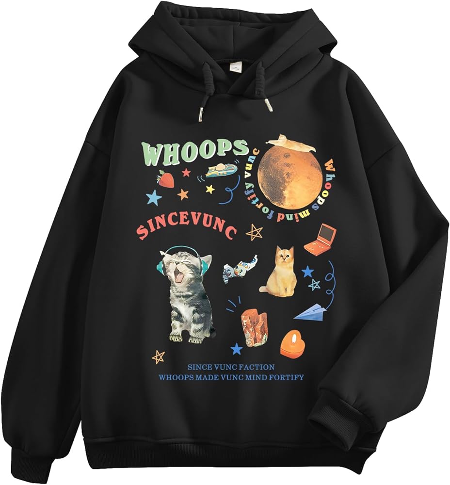 KIEKIECOO Oversized Graphic Cute Hoodies for Teen Girls With Designs Women Cat Aesthetic Sweatshirts Funny Cartoon Pullover