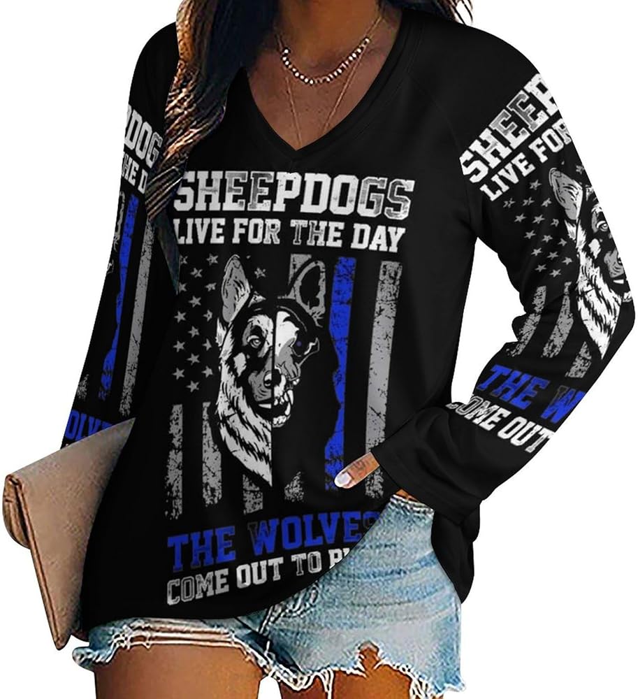 Sheepdogs Blue Line American Flag Loose Womens Shirts Long Sleeve Tees Tops Casual V-Neck Graphic Blouses