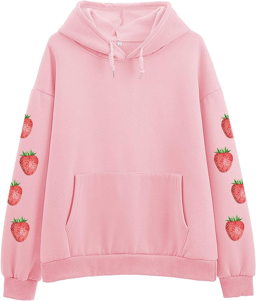 KEEVICI Women's Cute Sweatshirt Strawberry Sleeve Printed Cotton Warm Hoodie with Pocket