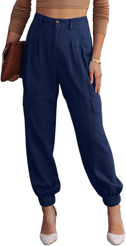 EVALESS Cargo Pants Women Casual Elastic High Waisted Joggers Pants Comfy Cotton Trousers with Pockets