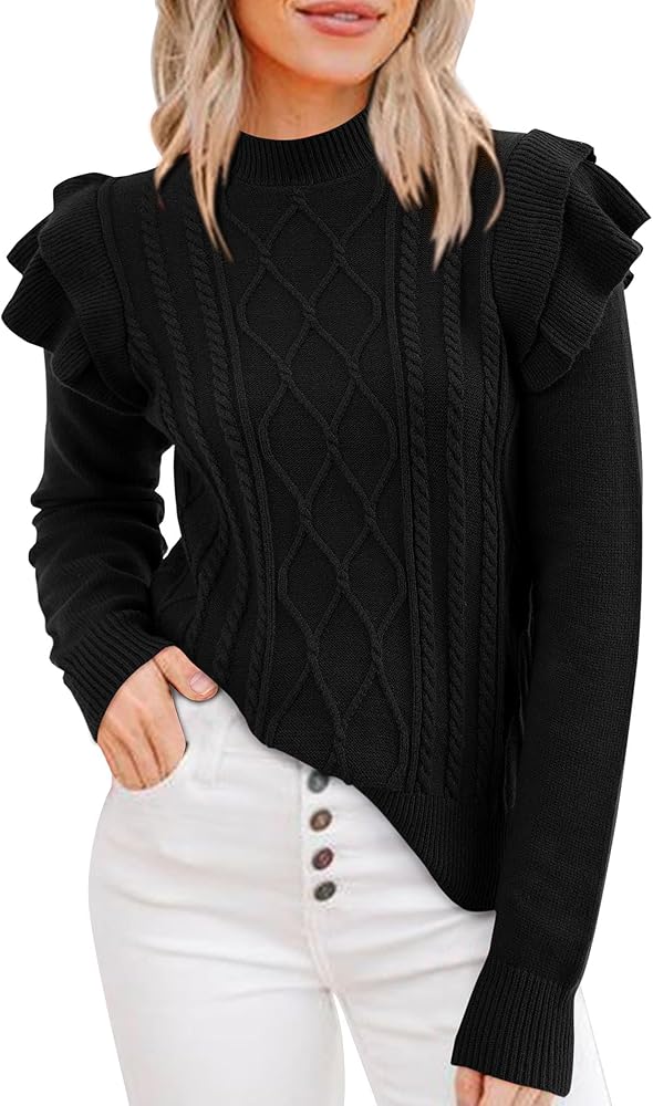 KIRUNDO Women's 2024 Fall Winter Fashion Ruffle Long Sleeve Chunky Cable Knit Sweater Casual Crew Neck Ribbed Pullover