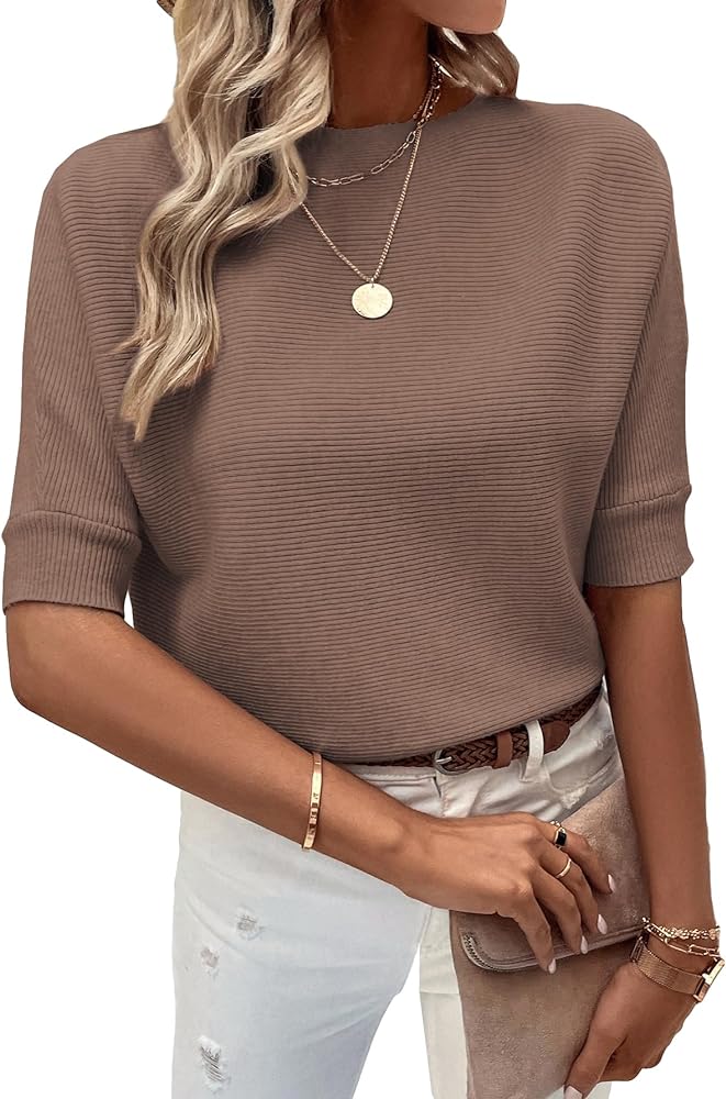 OYOANGLE Women's Casual Knitted Crop Top Short Sleeve Business Casual Pullover Sweater Tops