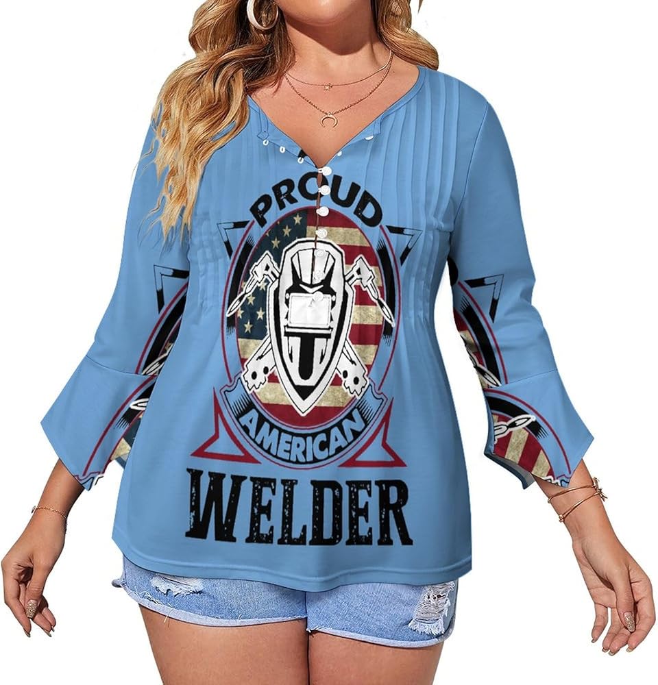 Proud American Welder (2) Cute Womens T-Shirts 3/4 Sleeve Button Down Tee Tops Blouse Summer Beach