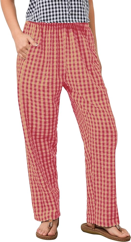 OLAPTA Women Plaid Print Gingham Comfy Lounge Pants Wide Leg Mid Rise Elastic Waist Loose Casual Long Trousers with Pockets(Large,Pink)