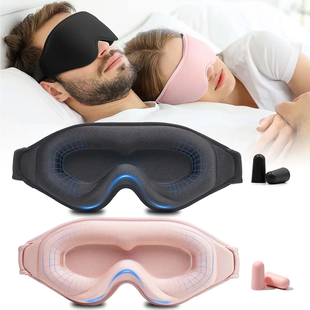 Washable 100% Blackout 3D Eye Mask for Sleep with Earplugs & Adjustable Strap (Black + Pink)