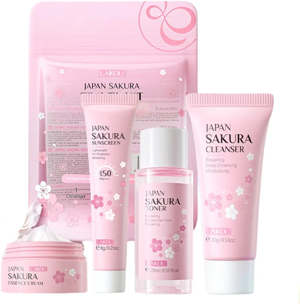 Sakura Travel Skincare Set for Teenage Girls - Face Routine Set for Women,4 Piece Gentle Skin Cleaning & Care Travel Size Kit With Cleanser, Toner, sunscreen and Face Cream