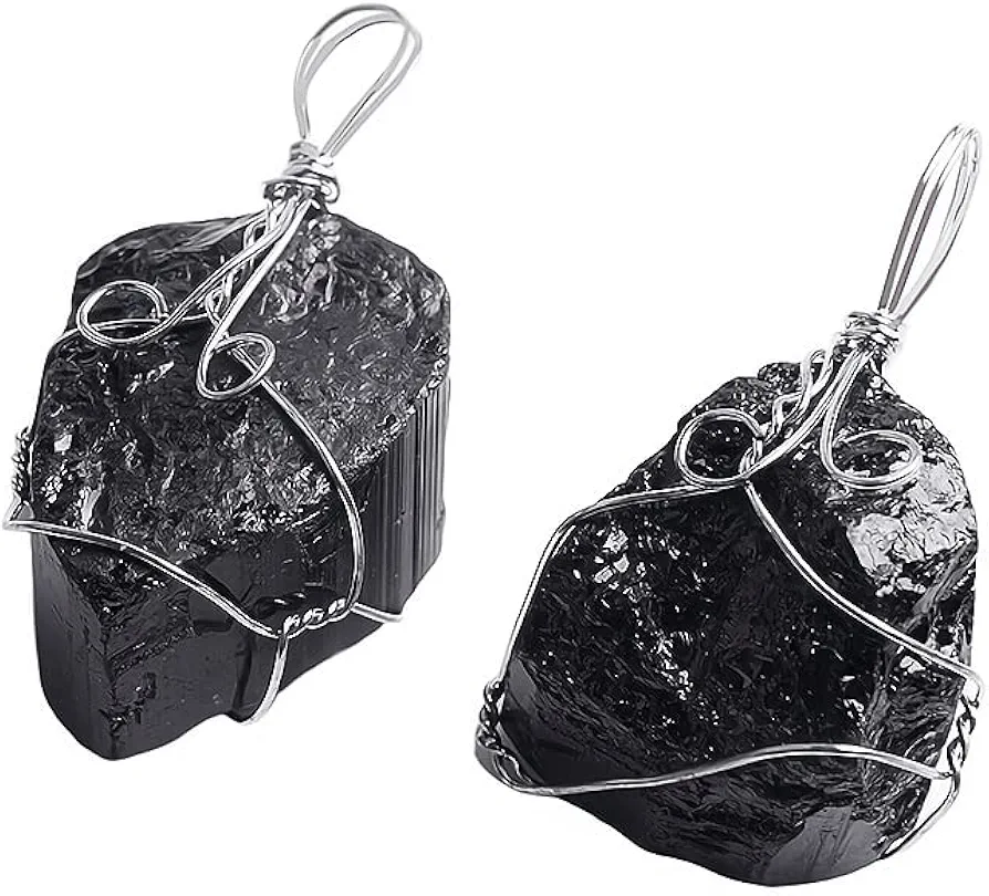 Opexicos 2Pcs Wire Winding Irregular Shape Stone Pendulum Black Tourmaline Pendant Fashion