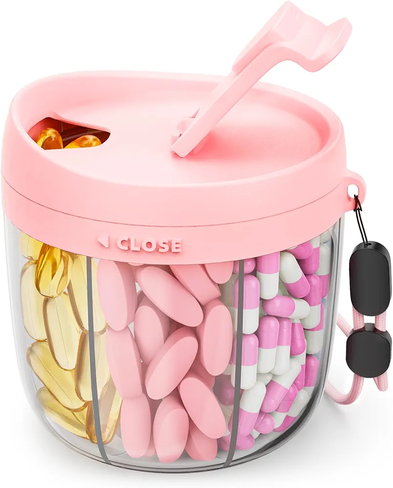 Cute Pill Dispenser with 7 Large Compartments, Portable Pill Bottle Organizer with Wide Opening for Easy Use, Anti-Mix Pill Organizer for Travel, BPA-Free Pill Container, Pink