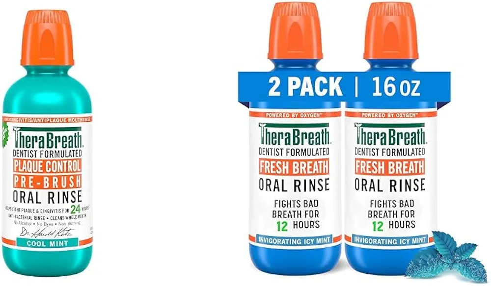 TheraBreath Plaque Control Mouthwash, Cool Mint, Pre-Brush Rinse, 16 Fl Oz & Fresh Breath Mouthwash, ICY Mint Flavor, Alcohol-Free, 16 Fl Oz (Pack of 2)