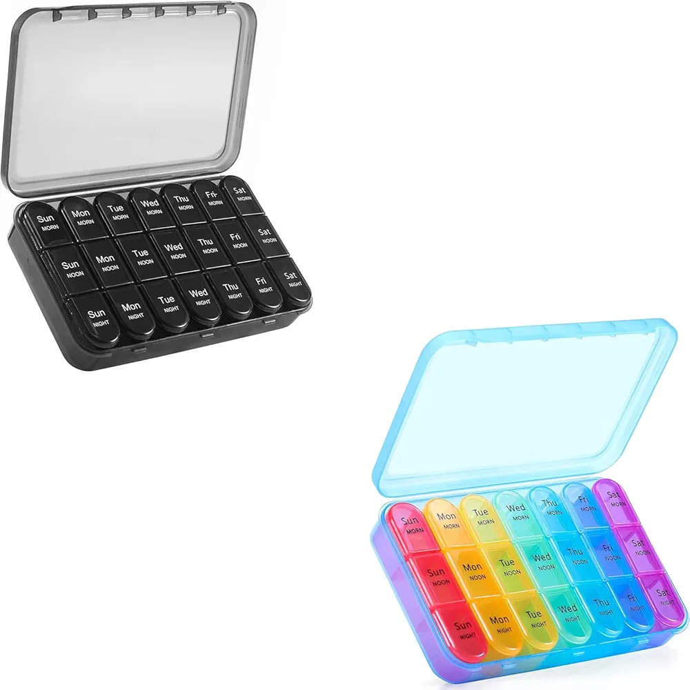 ASprink Pill Organizer 3 Times a Day Pure Black+Pill Organizer 3 Times a Day Blue