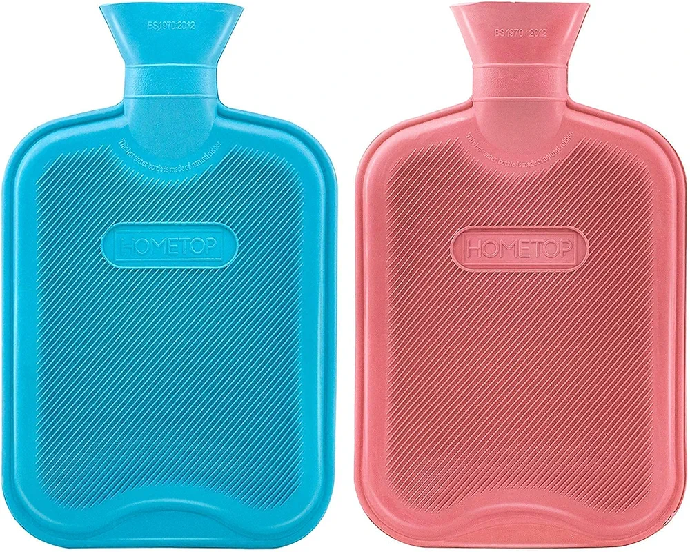 HomeTop Classic 2 Liters Rubber Hot Water Bottle, Great for Pain Relief, Hot and Cold Therapy, Blue and Red (2 Pack)