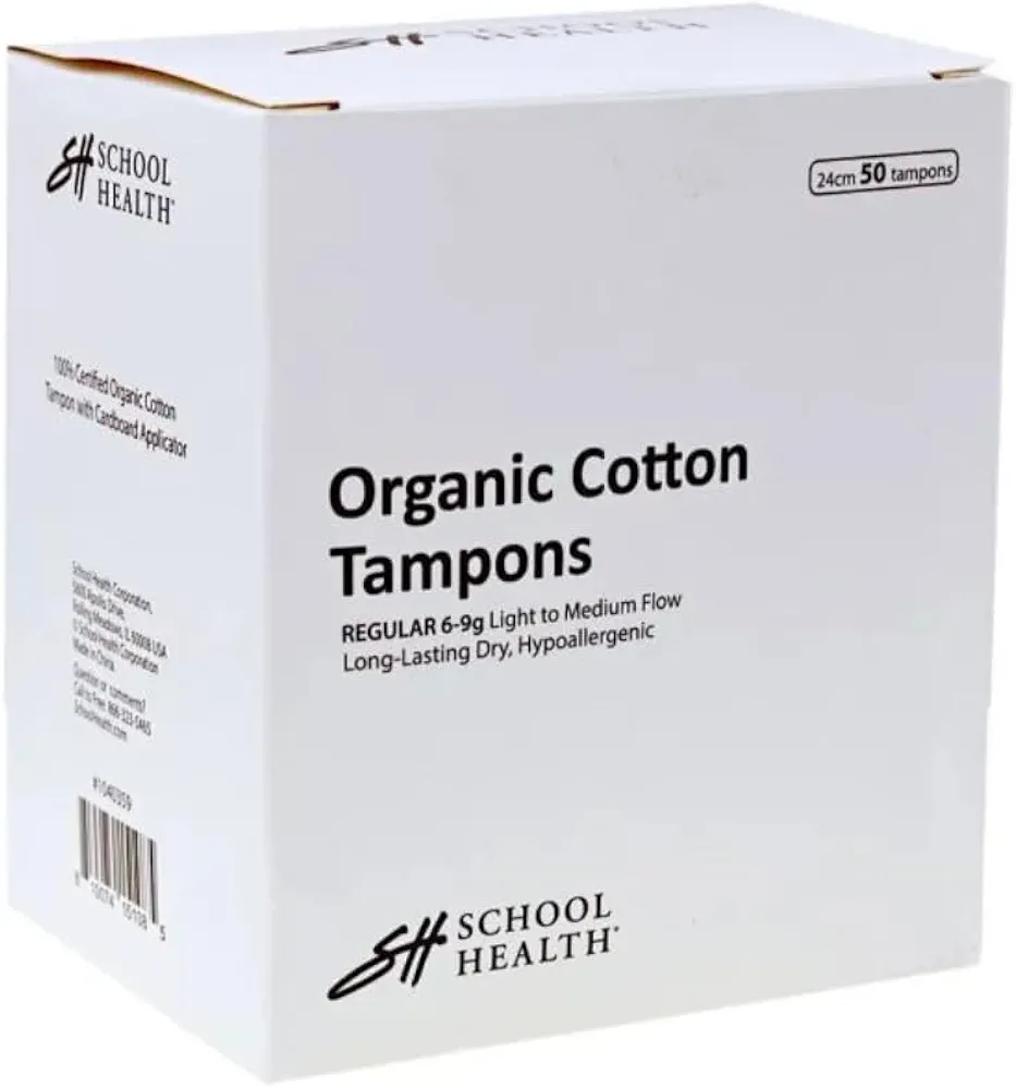 School Health - Organic Cotton Tampons, Light - Medium, Leak Protection & Easy Insertion | Non-Toxic 50 Count