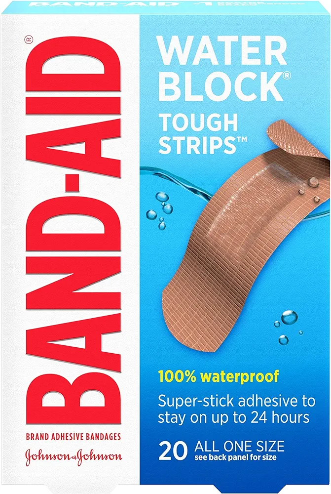 Band-Aid Brand Water Block Waterproof Tough Adhesive Bandages for Minor Cuts and Scrapes, All One Size, 20 Count (Pack of 1)