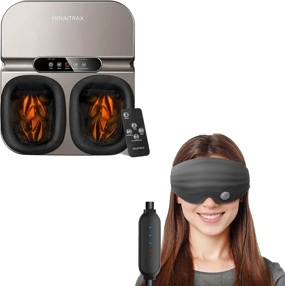 MOUNTRAX Foot Massager and Heated Eye Mask, 3D Total Blackout Design for Sleep, Warm Eye Compress