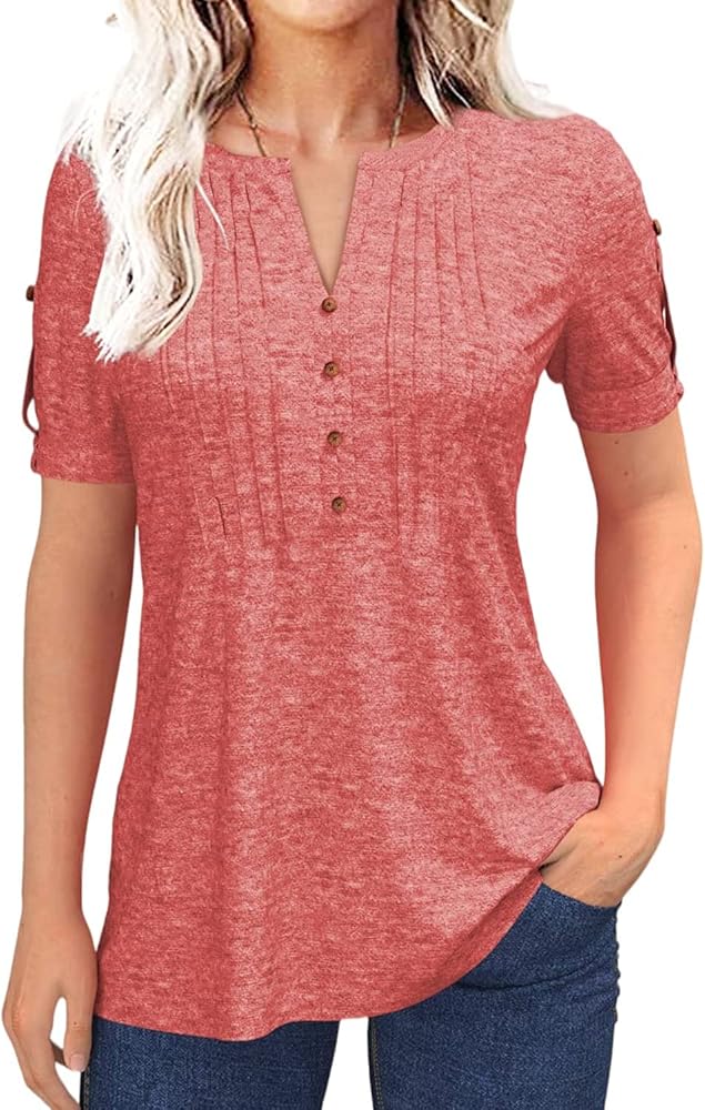 Women's Zipper Summer Pleated Button Short Sleeve T-Shirt Summer V-Neck Solid Color Casual top