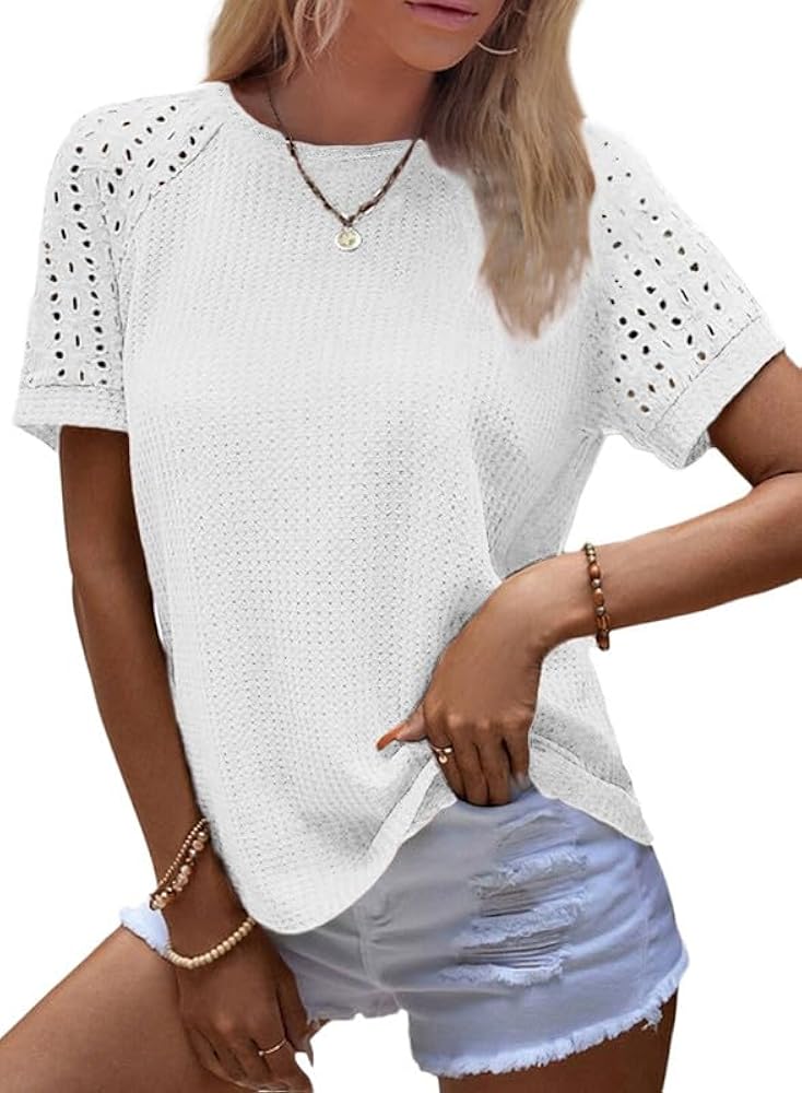 SHEWIN Women's Waffle Knit Tops Casual Crew Neck Hollow Out Raglan Short Sleeve Summer T-Shirts Blouses