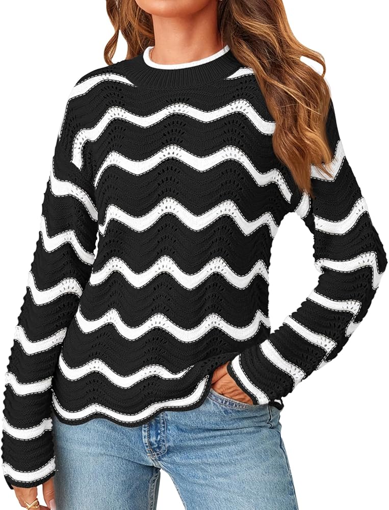 MEROKEETY Women's Fall Long Sleeve Striped Pullover Sweaters 2024 Mock Neck Color Block Crochet Knit Tops