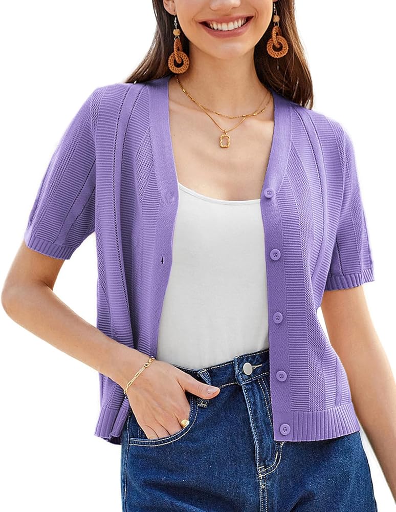 GRACE KARIN Women Short Sleeve Cropped Cardigan Crochet Knit Lightweight Button Down V Neck Bolero Sweater Top 2024