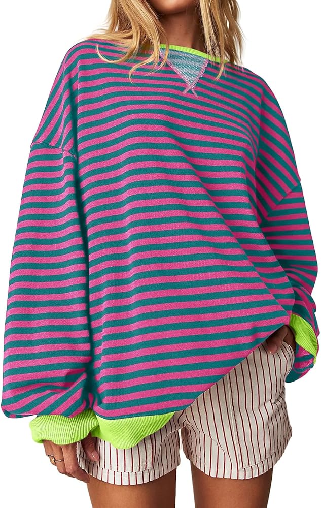 Fisoew Womens Striped Oversized Sweatshirt Color Block Crew Neck Long Sleeve Shirt Casual Loose Pullover Top Y2K Clothes