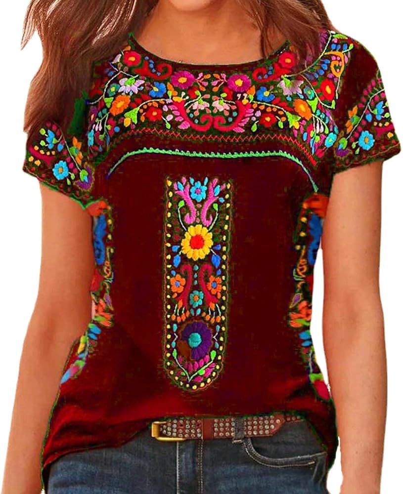 Mexican Shirts Women Blouses Cotton Embroidered Short Sleeve Bohemian Tops Boho Print Clothes 2024 Summer Tees