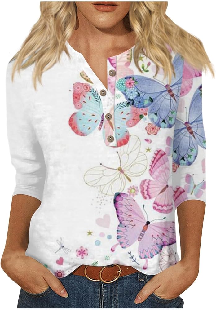 Button Shirts,3/4 Sleeve Shirts for Women Cute Print Graphic Tees Blouses Casual Plus Size Basic Button Tops