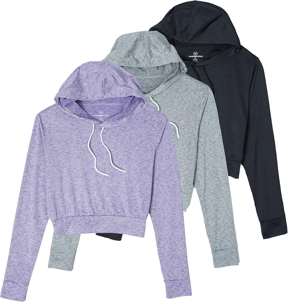 Real Essentials 3 Pack: Women's Dry-Fit Long Sleeve Cropped Hoodie - Athletic Hooded Crop Sweatshirt (Available in Plus Size)