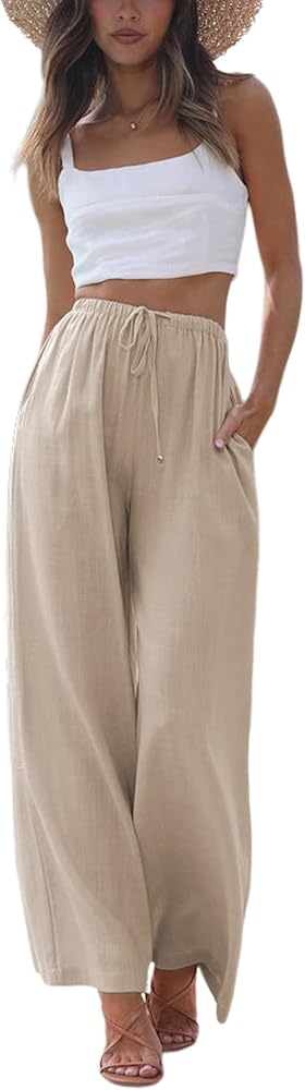 Faleave Women's Cotton Linen Summer Palazzo Pants Flowy Wide Leg Beach Trousers with Pockets