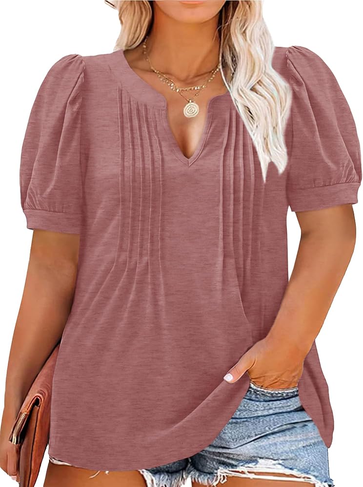 Plus Size Tops for Women V Neck Puff Short Sleeve Pleated T Shirts Fashion Summer Casual Loose Tunic Blouse