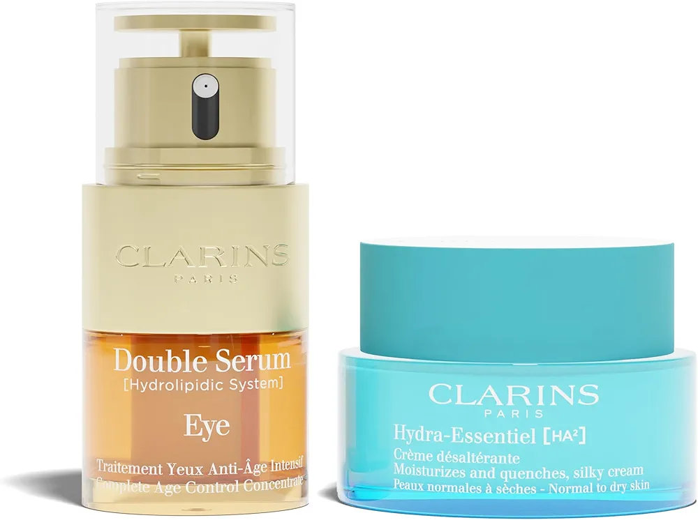 Clarins Double Serum Eye and Hydra-Essentiel Silky Cream Bundle | Anti Aging Eye Cream | Hydrating Face Moisturizer for Normal to Dry Skin | Face Cream with Hyaluronic Acid