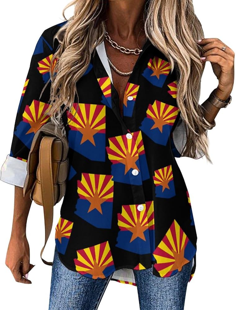 Arizona State Flag Map Long Sleeve Shirts for Women Irregular Hem Button Down Blouse Loose V Neck Tees Top