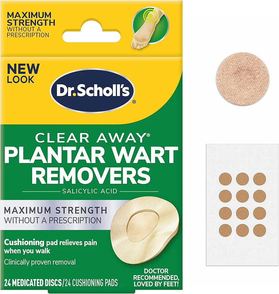 Dr. Scholl's Clear Away Plantar WART Remover // 24 Discs/24 Cushions, Clinically Proven, Maximum Strength Without a Prescription, Cushioning Pad Relieves Pain, 24 Treatments