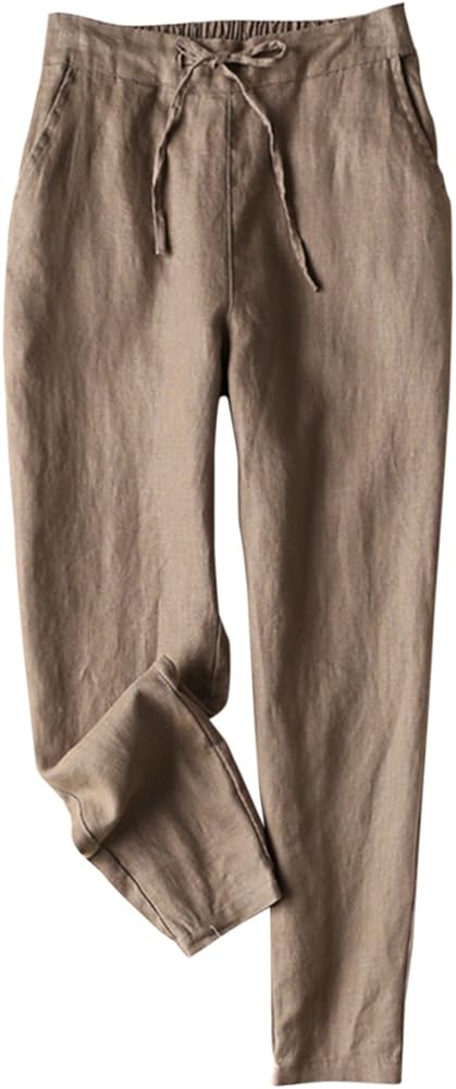 IXIMO Women's Tapered Pants 100% Linen Drawstring Back Elastic Waist Ankle Length Pants