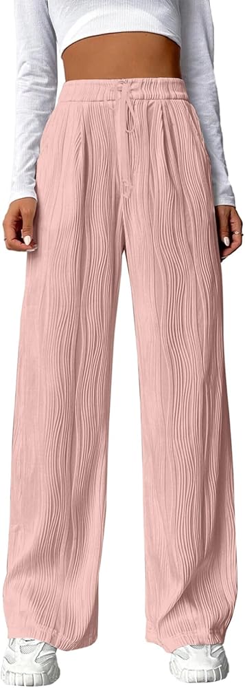 EVALESS Casual Textured Pants for Women Fall 2024 Trendy Drawstring Elastic High Waist Palazzo Pants Straight Leg Trousers