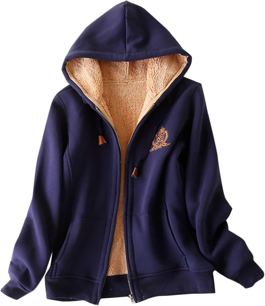 Flygo Womens Warm Fleece Sherpa Lined Hoodies Full-Zip Hooded Sweatshirt Jacket (Large, Navy)