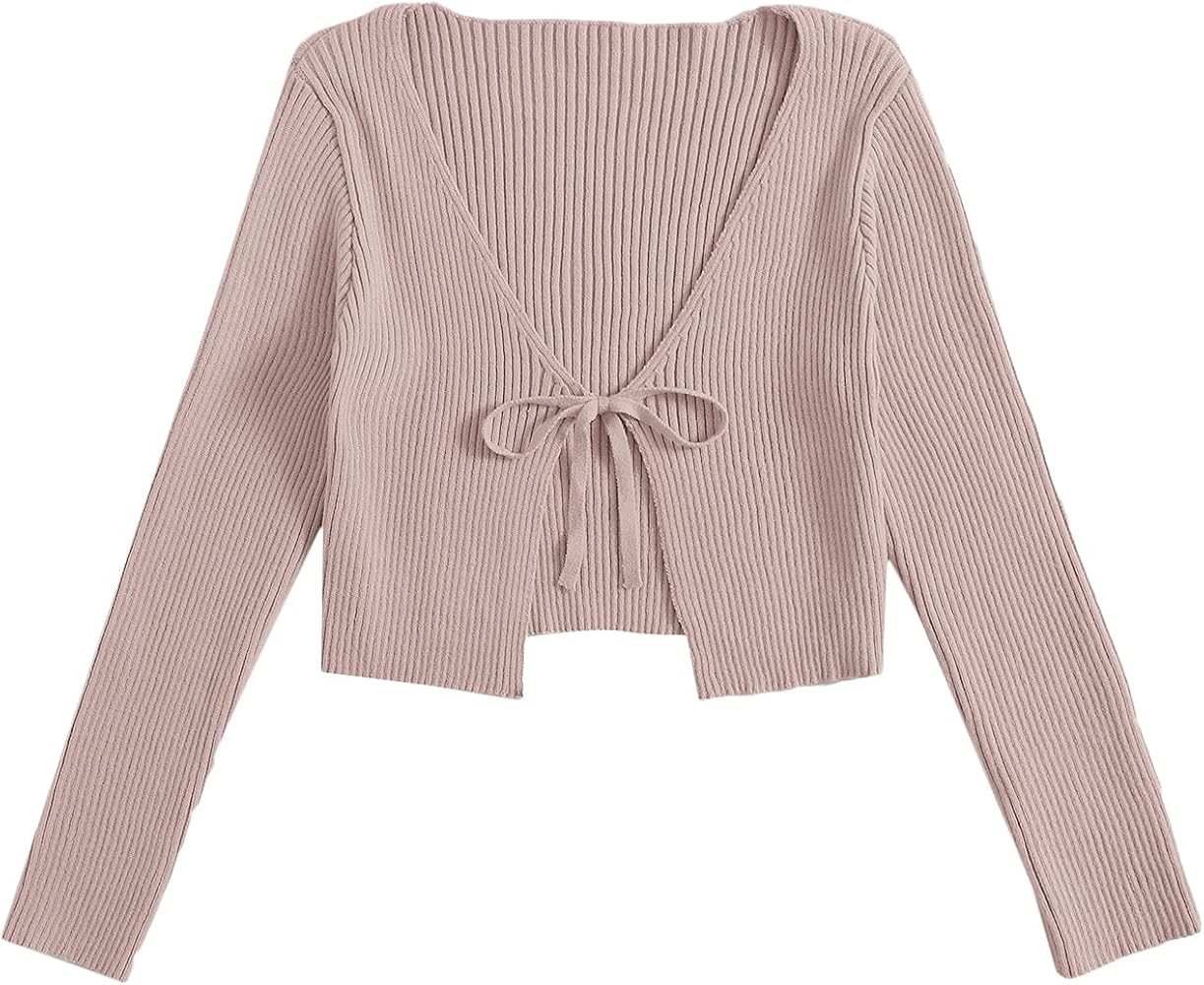 Floerns Women's Tie Front Long Sleeve Rib Knit Shrug Sweaters Cardigan Crop Top