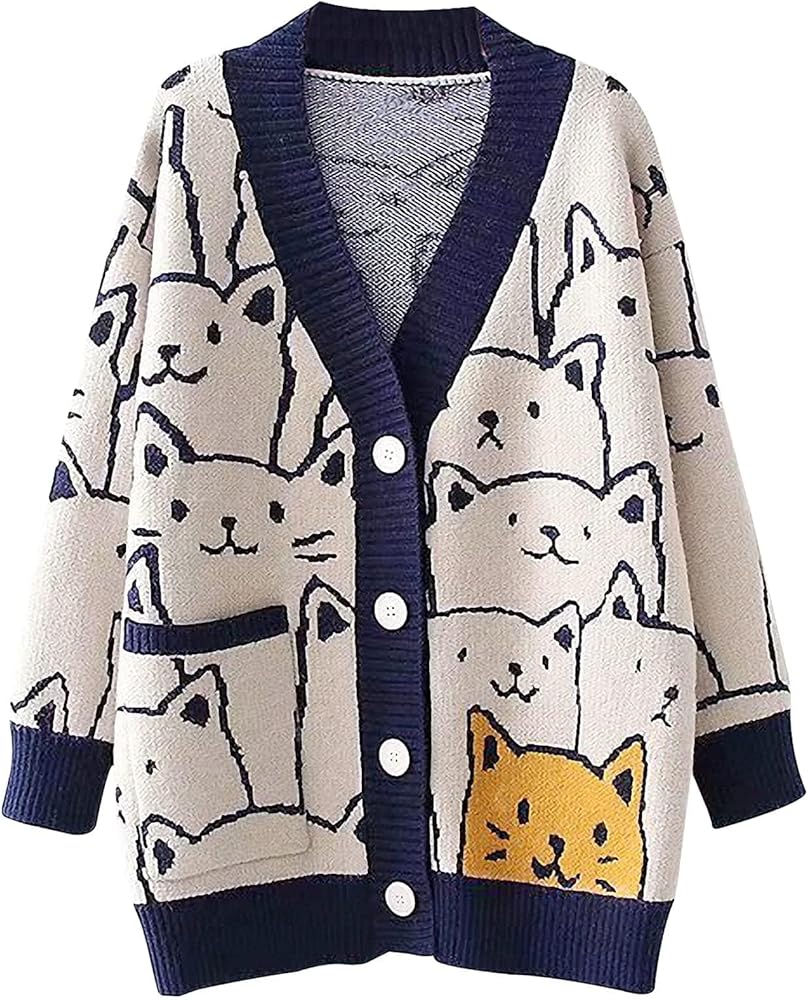 Yimoon Women's Kawaii Cat Cardigan Sweater Oversized V-Neck Button Down Knitted Loose Fit Cardigans